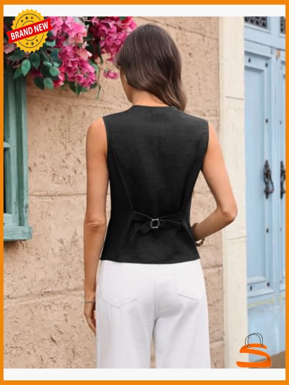 Linen V-Neck Double Breasted Back Tie Vest Sleeveless Waistcoat - Picture 4 of 7